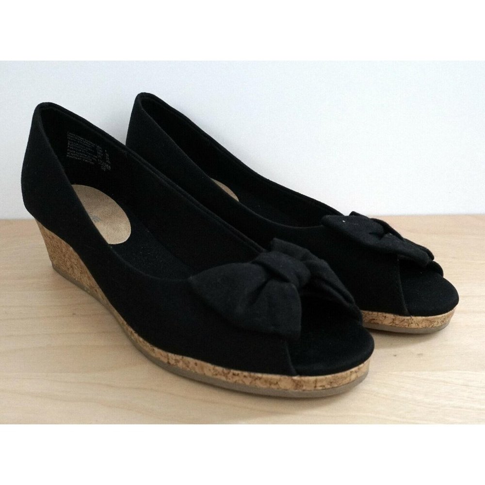 AMERICAN EAGLE Girls Black Fabric Cork Wedge Heels